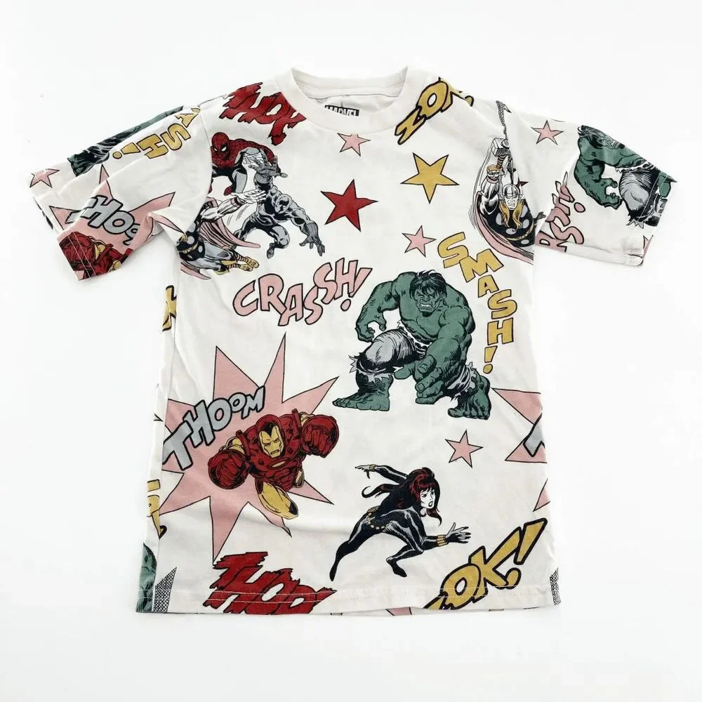 Marvel Avengers Graphic Tee Kids XS White Multicolor Crew Neck Short‎ Sleeve